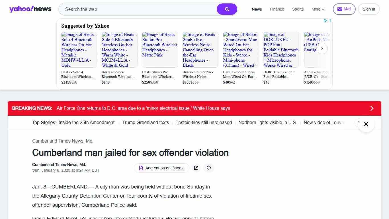 Cumberland man jailed for sex offender violation